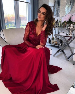 Sexy Appliques Lace V-neck Long Sleeves A-Line Prom Dress With Side Slit_2