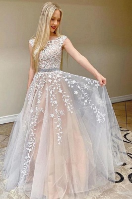 Bateau Cap Sleeves Floral Lace Formal Dress A-Line Tulle Floor-length Prom Dress_1