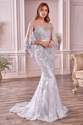 Charming Bateau Sequins Tulle Floor-length Mermaid Prom Gown With Sleeve Cape_1