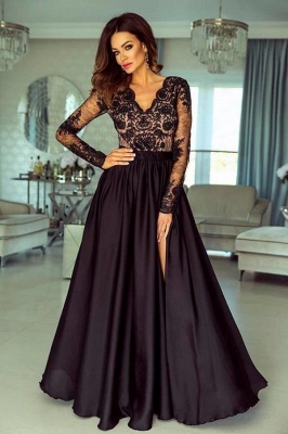 Black A-Line Floral Lace Long Sleeves V-neck Floor-length Prom Dress With Slit_1