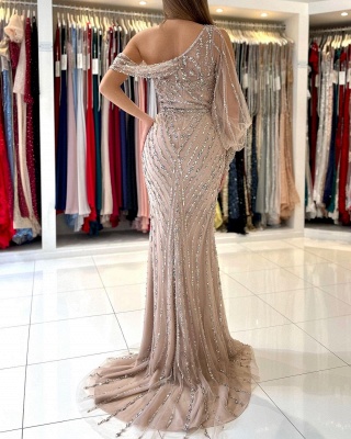Shiny One Shoulder Beading Floor-length Mermaid Evening Gown With Side Slit_3