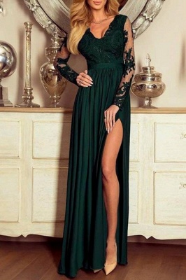 Elegant Long Sleeves V-neck Floral Lace A-Line Prom Dress With Side Slit_1
