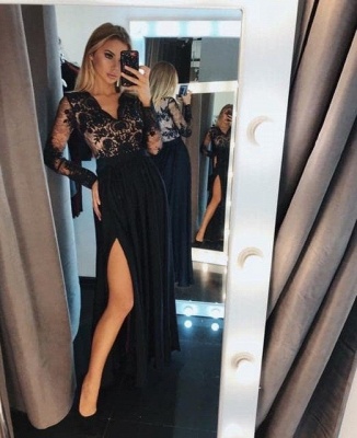 Black A-Line Floral Lace Long Sleeves V-neck Floor-length Prom Dress With Slit_2