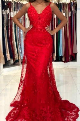 Glamorous Spaghetti Straps V-neck Lace Appliques Mermaid Prom Gown With Tulle Train_1