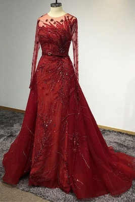 Stunning Long Sleeves Bateau Beading Mermaid Prom Gown With Detachable Train_4