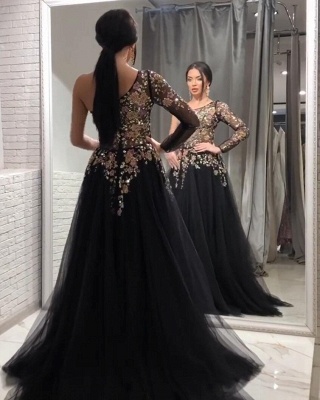 Stunning Black One Shoulder Floral Appliques Tulle A-Line Prom Dress With Slit_3