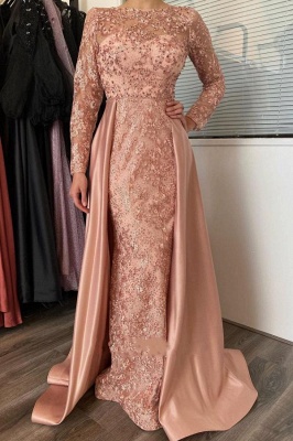 Delicate Long Sleeves Floral Lace Mermaid Evening Gown With Detachable Train_1