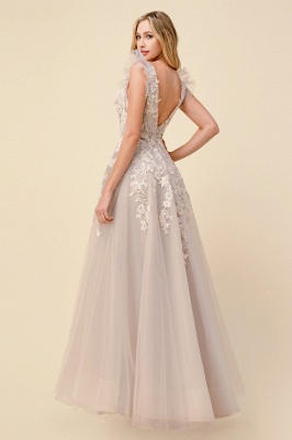 Attractive V-neck Tulle Lace Appliques Formal Dress A-Line Ruffles Prom Dress_2