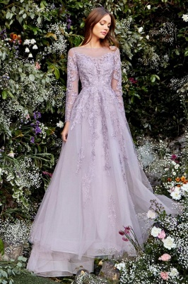 Delicate Long Sleeves Bateau Tulle Appliques Lace Floor Length Prom Dress_1