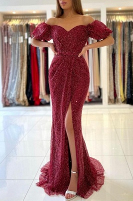 Amazing Off-the-shoulder Sequins Short Sleeve Mermaid Prom Gown With Side Slit_1