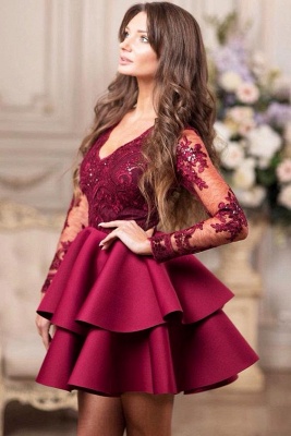 Cute V-neck Long Sleeves Short Party Dress Appliques Lace Ruffles Prom Dress_3