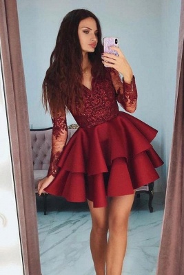 Cute V-neck Long Sleeves Short Party Dress Appliques Lace Ruffles Prom Dress_1
