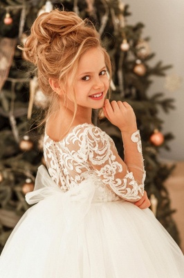 Beautiful V-neck Appliques Lace Bow Long Sleeve A-line Flower Girl Dress_4