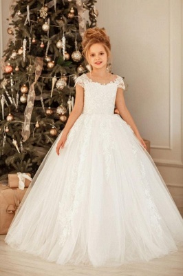 Beautiful A-line Appliques Lace Backless Tulle Flower Girl Dress_1