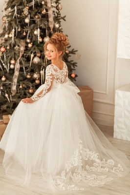 Beautiful V-neck Appliques Lace Bow Long Sleeve A-line Flower Girl Dress_5