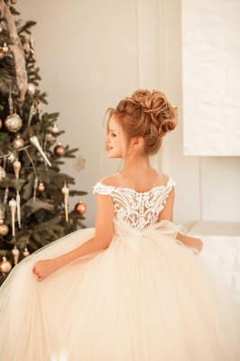 Beautiful Bateau Appliques Lace Bow Tulle Full Length Ball Gown Flower Girl Dress_6