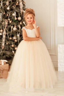 Beautiful Bateau Appliques Lace Bow Tulle Full Length Ball Gown Flower Girl Dress