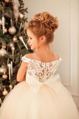 Beautiful Bateau Appliques Lace Bow Tulle Full Length Ball Gown Flower Girl Dress_3