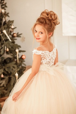 Beautiful Bateau Appliques Lace Bow Tulle Full Length Ball Gown Flower Girl Dress_4