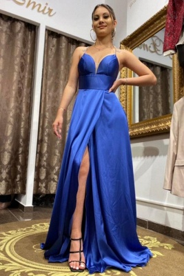 Elegant Royal Blue A-Line V-neck Spaghetti Straps Halter Backless Split Prom Dress_1