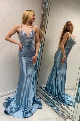 Gorgeous Blue V-neck Spaghetti Straps Backless Sequins Long Mermaid Prom Dress_1