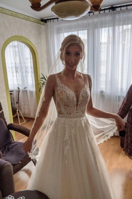 Elegant Appliques Lace V-neck Spaghetti Straps A-Line Long Tulle Wedding Dress_1