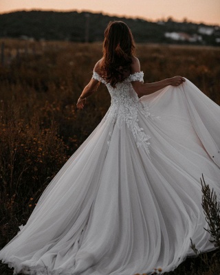 Elegant Off-the-Shoulder Sweetheart Appliques Lace Backless A-Line Tulle Wedding Dress_2