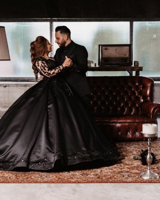 Gorgeous Black Sweetheart Long Sleeve Appliques Lace A-line Floor-length Satin Wedding Dress_2