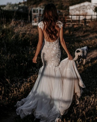 Elegant Deep V-neck Appliques Lace Backless Long Mermaid Wedding Dress_6