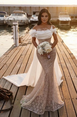 Unique Strapless Short Sleeve Backless Appliques Lace Mermaid Wedding Dress_1