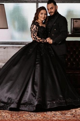 Gorgeous Black Sweetheart Long Sleeve Appliques Lace A-line Floor-length Satin Wedding Dress_1