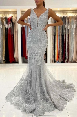 Beautiful V-neck Spaghetti Straps Appliques Lace Backless Mermaid Prom Dress_1