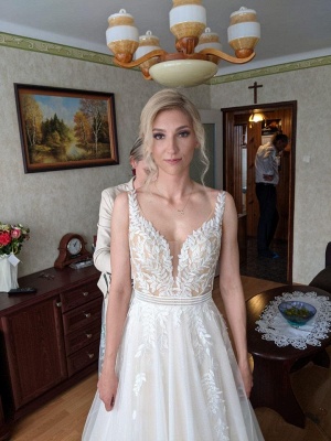 Elegant Appliques Lace V-neck Spaghetti Straps A-Line Long Tulle Wedding Dress_4