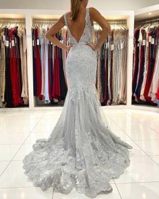 Beautiful V-neck Spaghetti Straps Appliques Lace Backless Mermaid Prom Dress_2