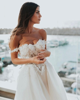 Elegant A-Line Sweetheart Off-the-Shoulder Appliques Lace Backless Wedding Dress_3