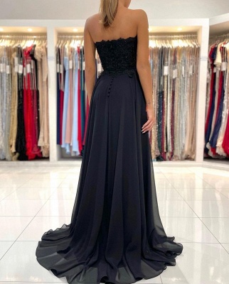 Simple Black A-line Sweetheart Backless Appliques Lace Chiffon Prom Dress With Split_2