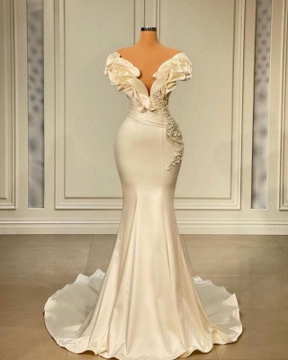 Elegant White Sweetheart Cascading Ruffles Pearl Long Mermaid Prom Dress_1