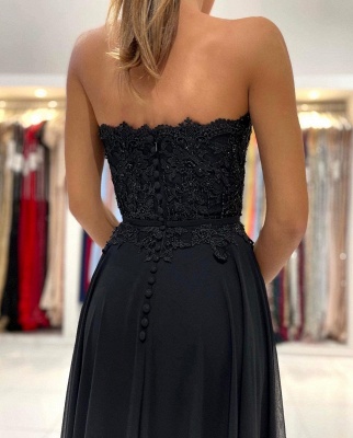 Simple Black A-line Sweetheart Backless Appliques Lace Chiffon Prom Dress With Split_5