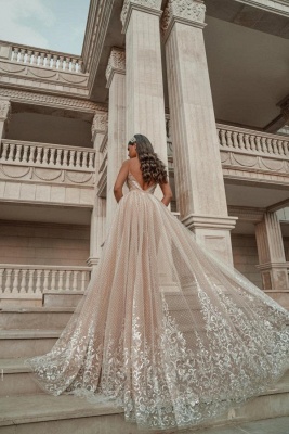 Elegant A-line V-neck Spaghetti Straps Backless Appliques Lace Floor-length Prom Dress_2