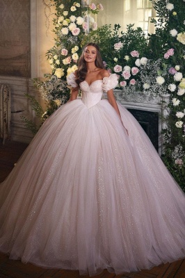 Gorgeous Sweetheart Off-the-Shoulder Sequins Tulle Floor-length Church Ball Gown Wedding Dress_1