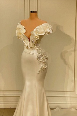 Elegant White Sweetheart Cascading Ruffles Pearl Long Mermaid Prom Dress_2