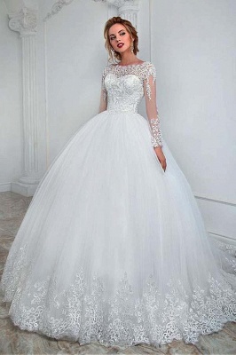 Elegant A-line Scoop Neck Long Sleeve Appliques Lace Tulle Backless Floor-length Wedding Dress_1