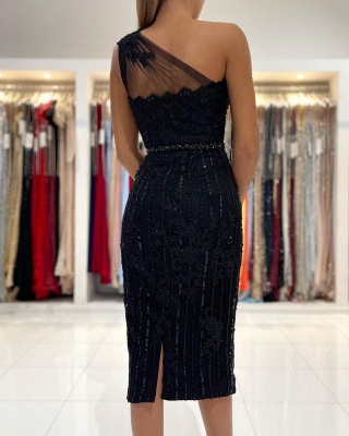 Unique Black One Shoulder Sequins Ruffles Knee-length Sheath Tulle Prom Dress_2