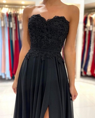 Simple Black A-line Sweetheart Backless Appliques Lace Chiffon Prom Dress With Split_6