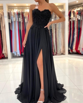 Simple Black A-line Sweetheart Backless Appliques Lace Chiffon Prom Dress With Split_3