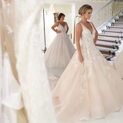 Elegant A-Line Deep V-neck Backless Appliques Lace Floor-length Wedding Dress_4
