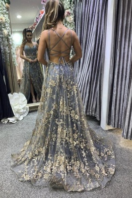Elegant V-neck Spaghetti Straps Backless Appliques Lace A-line Split Prom Dress_1