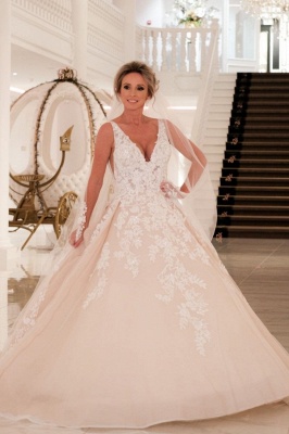 Elegant A-Line Deep V-neck Backless Appliques Lace Floor-length Wedding Dress_1