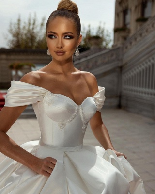 Elegant Off-the-Shoulder Sweetheart Backless Beading Satin Ball Gown Train Wedding Dress_4