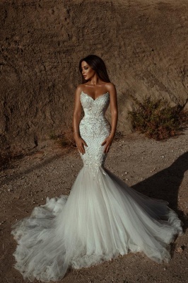 Gorgeous V-neck Appliques Lace Beading Backless Tulle Long Mermaid Wedding Dress_1